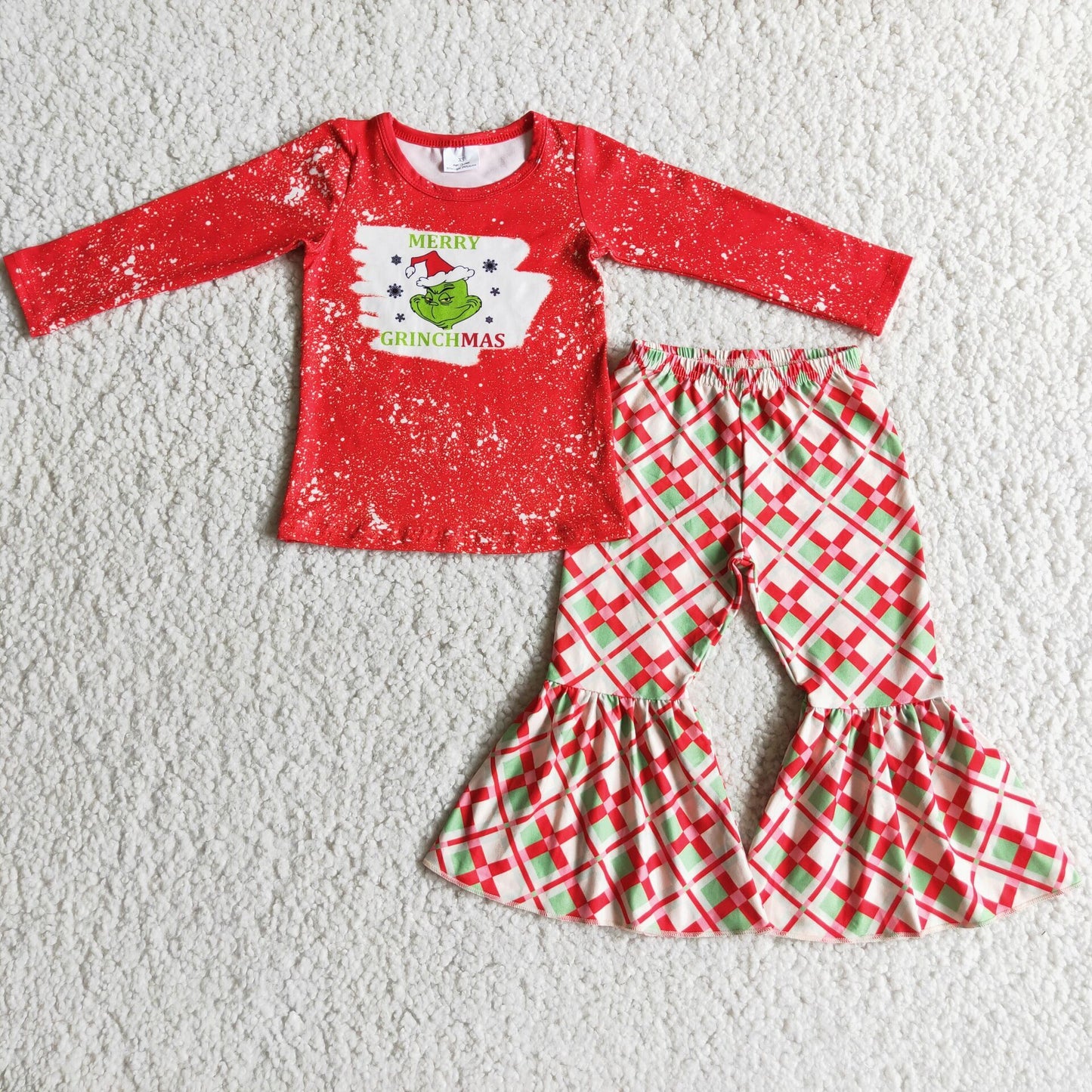 promotion RTS 6 C7-3 christmas green cartoon red plaid long sleeve bell bottom pant outfits