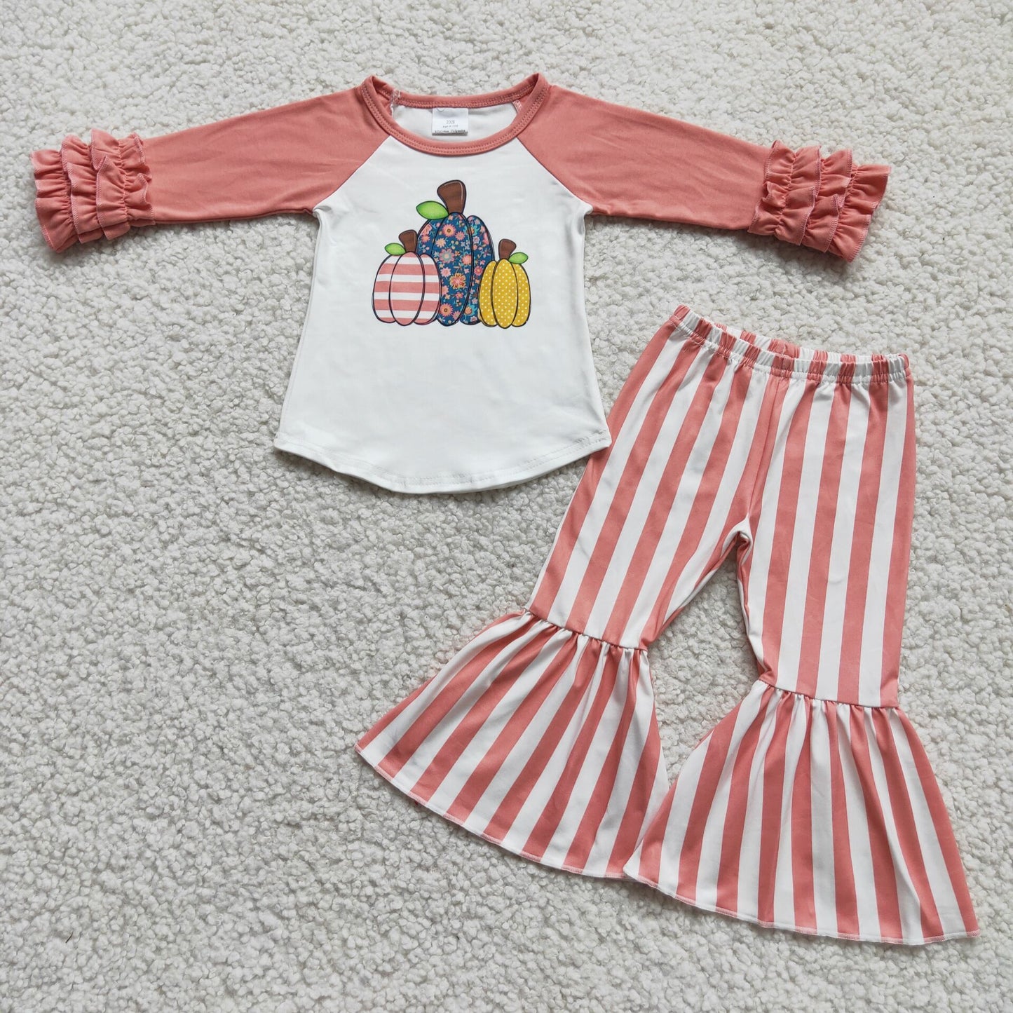 Promotion 6 C6-21 Pumpkin ruffles pink white stripe long sleeve bell bottom outfits 0922 RTS