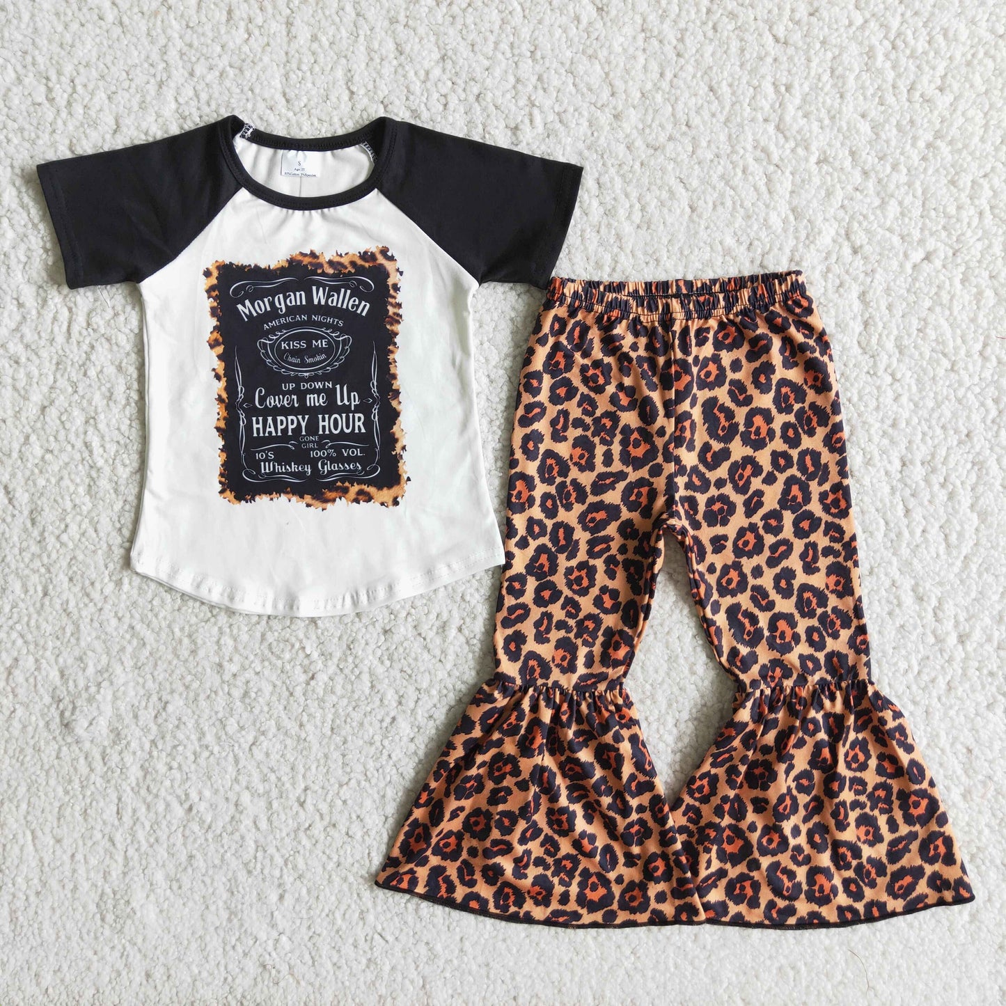promotion RTS E2-20 black raglan leopard print singer letters short sleeve bell bottom pant girl outfit