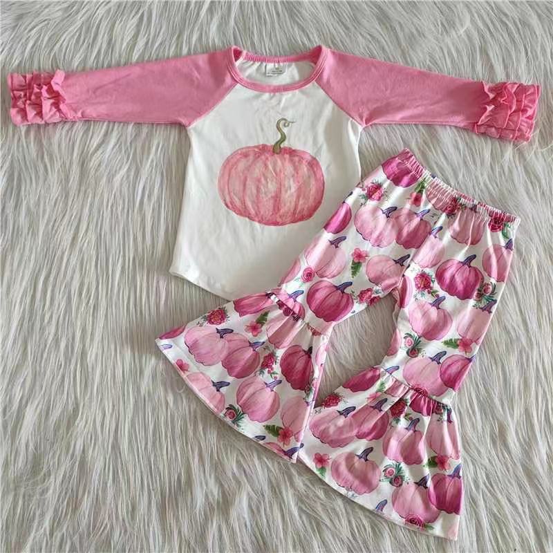 202410 Promotion  6 A8-30 pink raglan ruffles pumpkin long sleeve bell bottom outfit