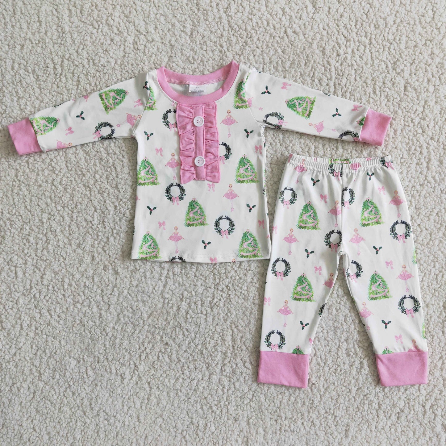 promotion 6 A16-27 Cartoon christmas tree pink white girl button pajamas outfit RTS