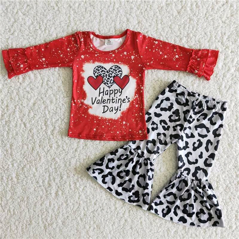 promotion 6 A33-12valentine love red ruffles leopard long sleeve bell bottom pant outfits