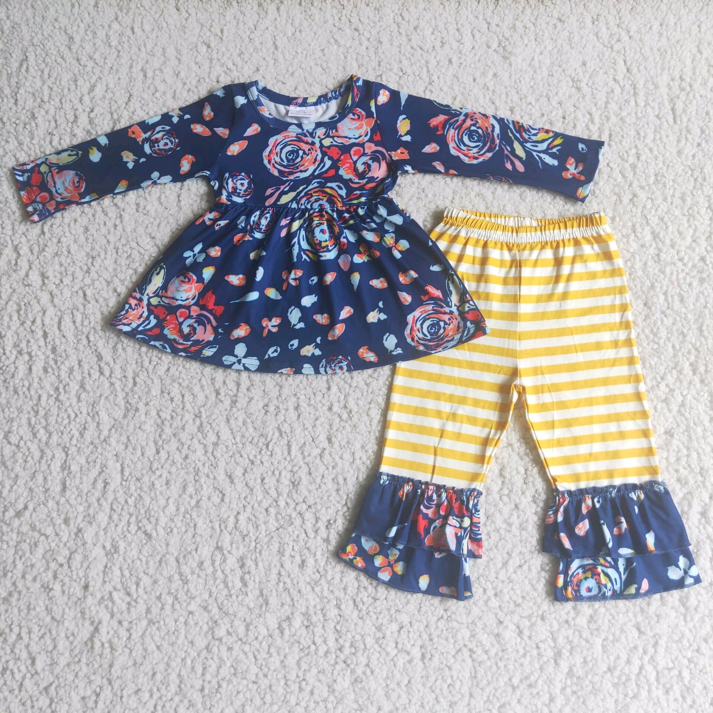 flower blue yellow stripe bell bottom outfit
