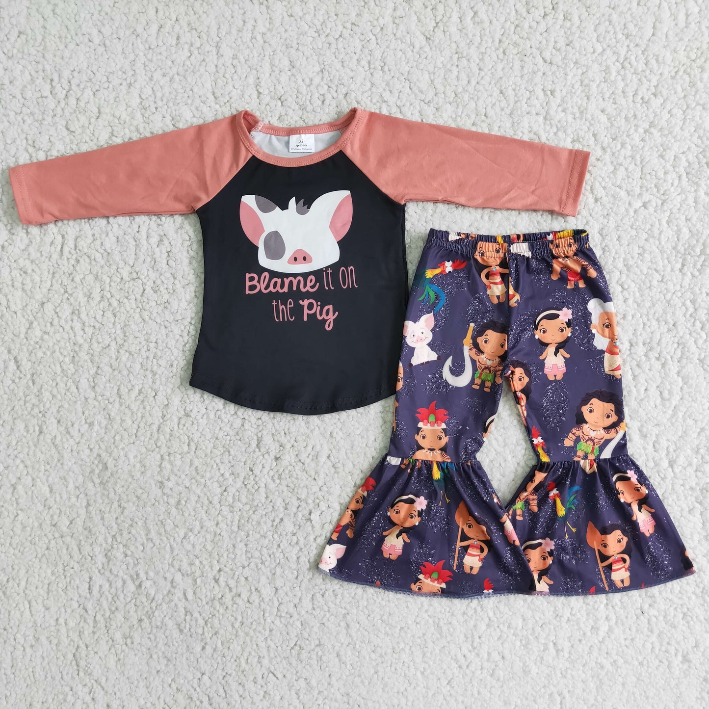 promotion 6 B3-40 Letter pig black pink cartoon bell bottom long pant bell bottom outfit RTS