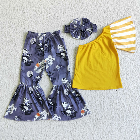 promotion GSPO0138 RTS  (choose headband below ) skull long pants one orange flare short sleeve girl outfit 202408