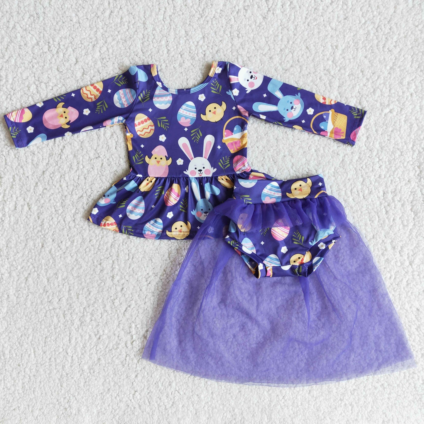 girl purple cartoon rabbit eggs long sleeve Tulle gauze bummie outfit 0103