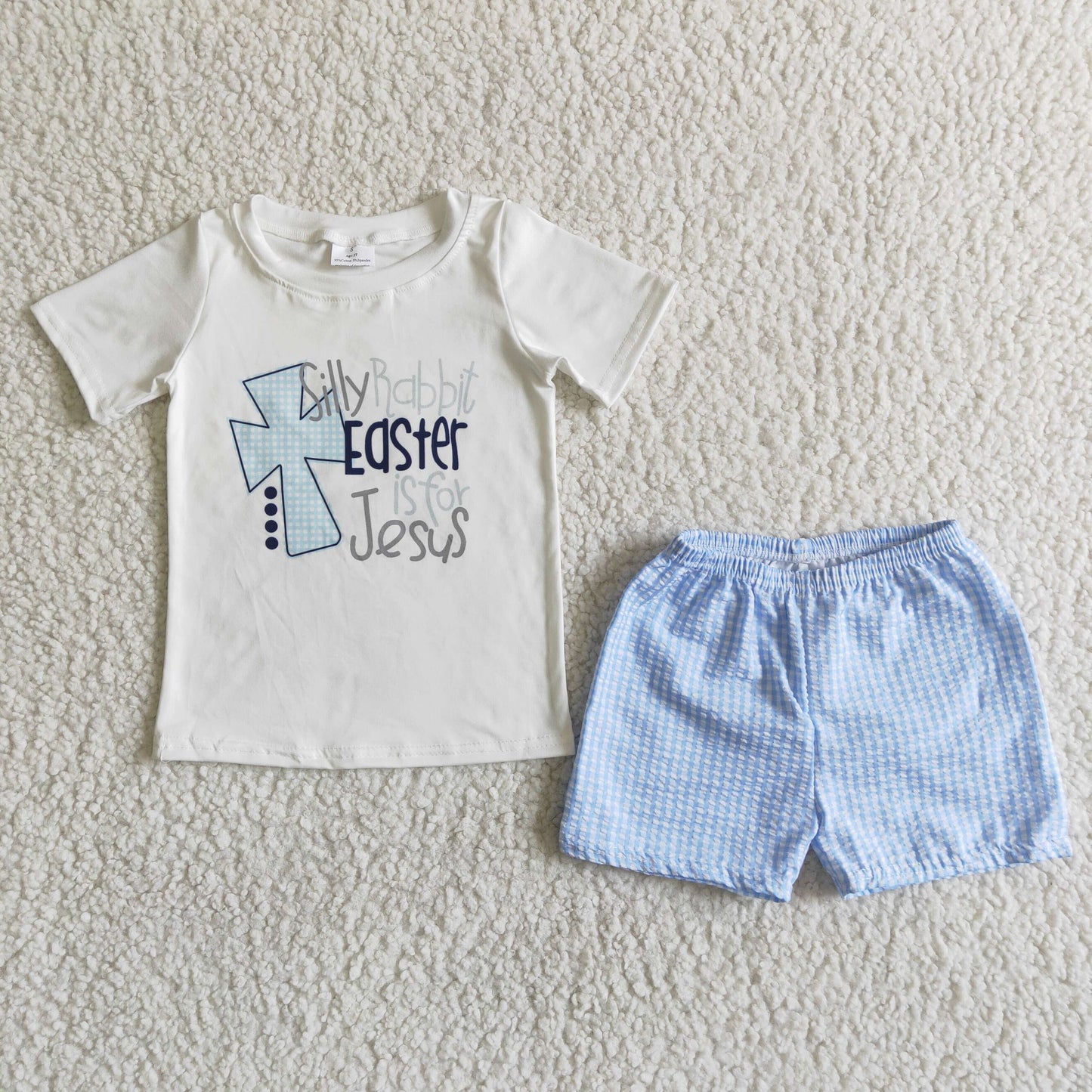 Promotion C4-3 RTS easter cross blue white plaid short sleeve shorts boy outfits 20230429 RTS