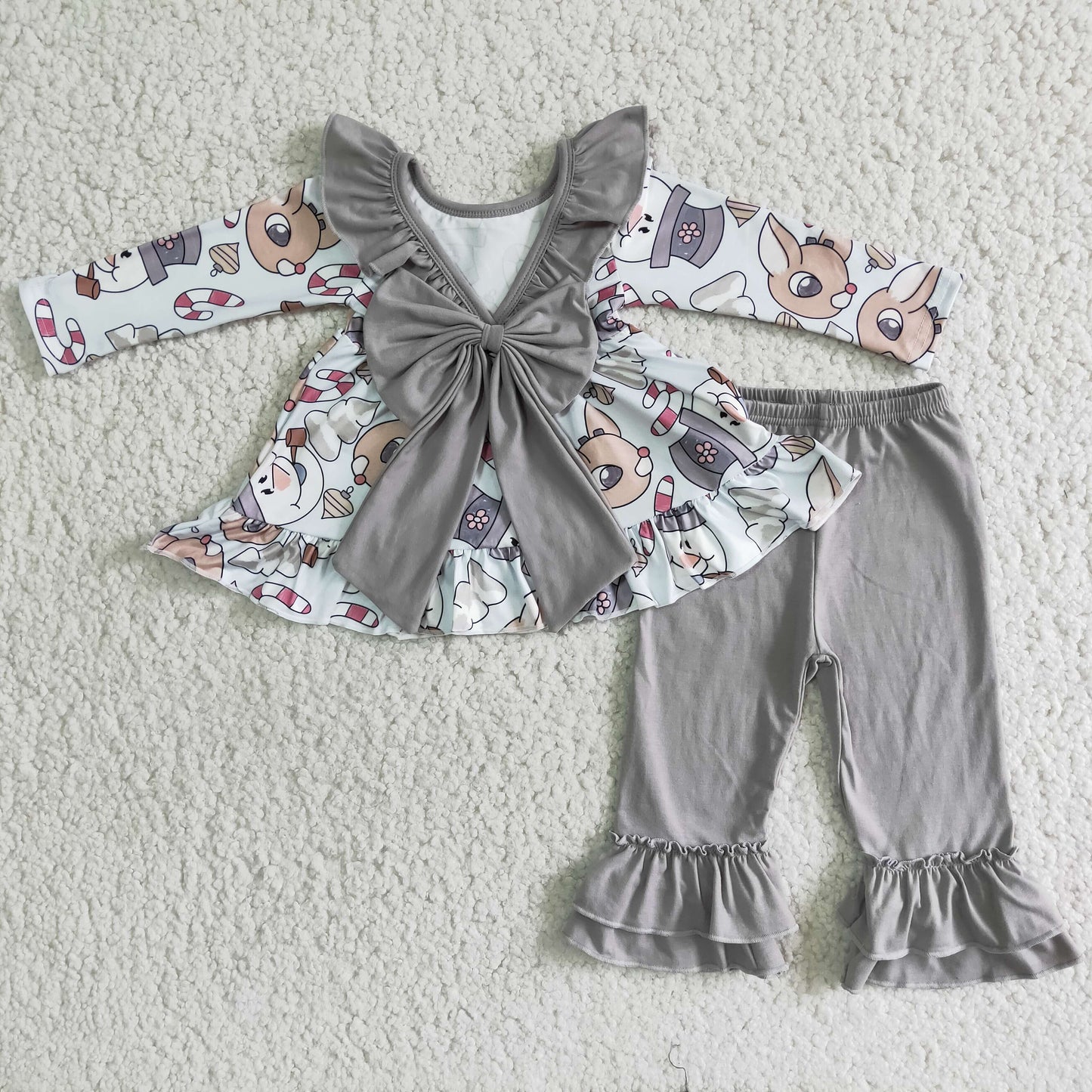 Grey christmas girl lovely cartoon deer snowman lace big bow long sleeve pants outfits