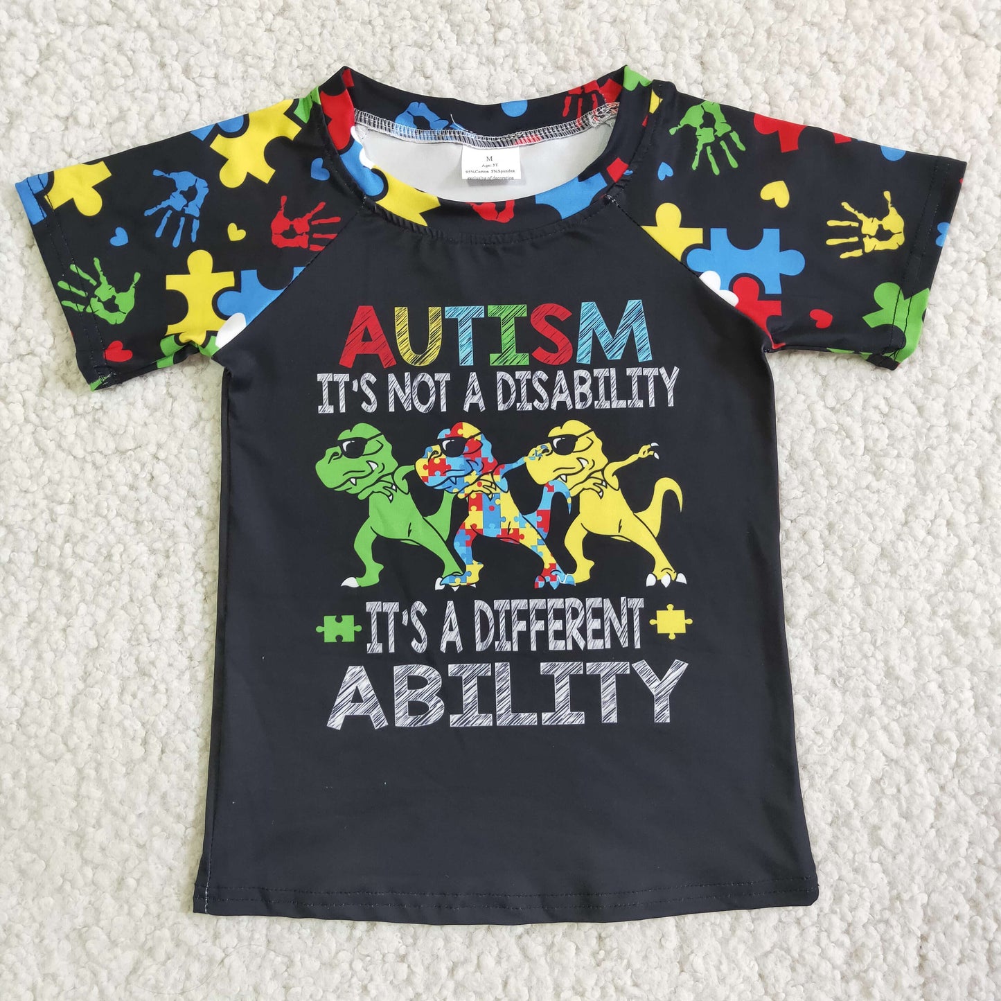 AUTISM cartoon dinosaur black short sleeve top