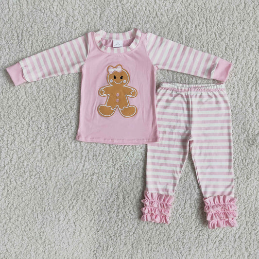 6 A7-26 Cartoon girl christmas gingerbread embroidery pink white stripe long sleeve pajamas girl outfit 20230708