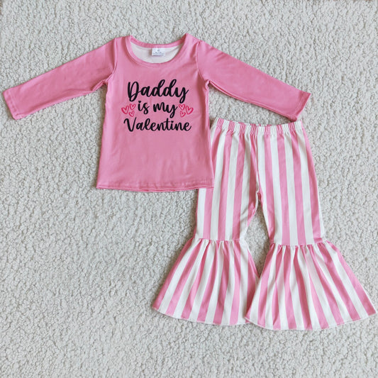 6 B9-35 daddy is my valentine letters pink stripe long sleeve bell bottom pant girl outfit