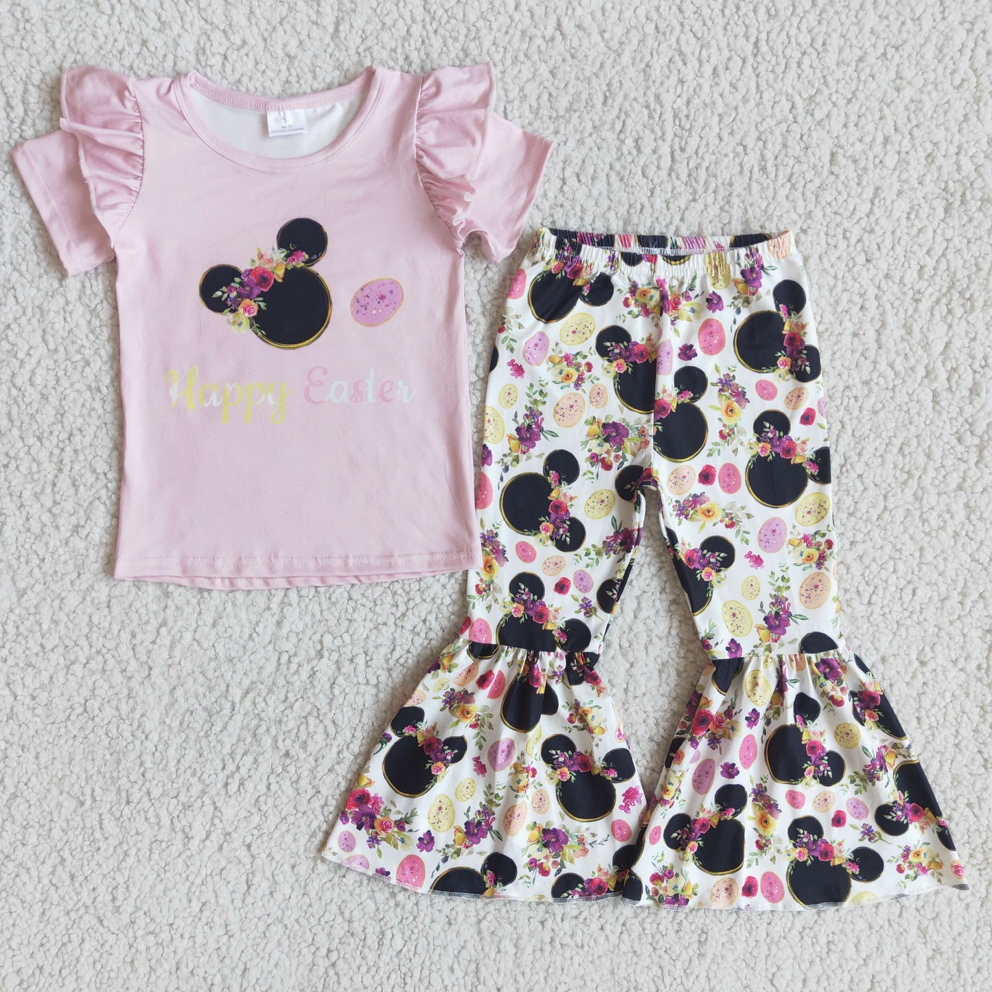 D7-3 Promotion happy easter cartoon mouse ruffles pink short sleeve bell bottom pant outfit
