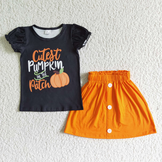 promotion RTS  GSD0106 Halloween short sleeve pumpkin orange skirt button girl outfit