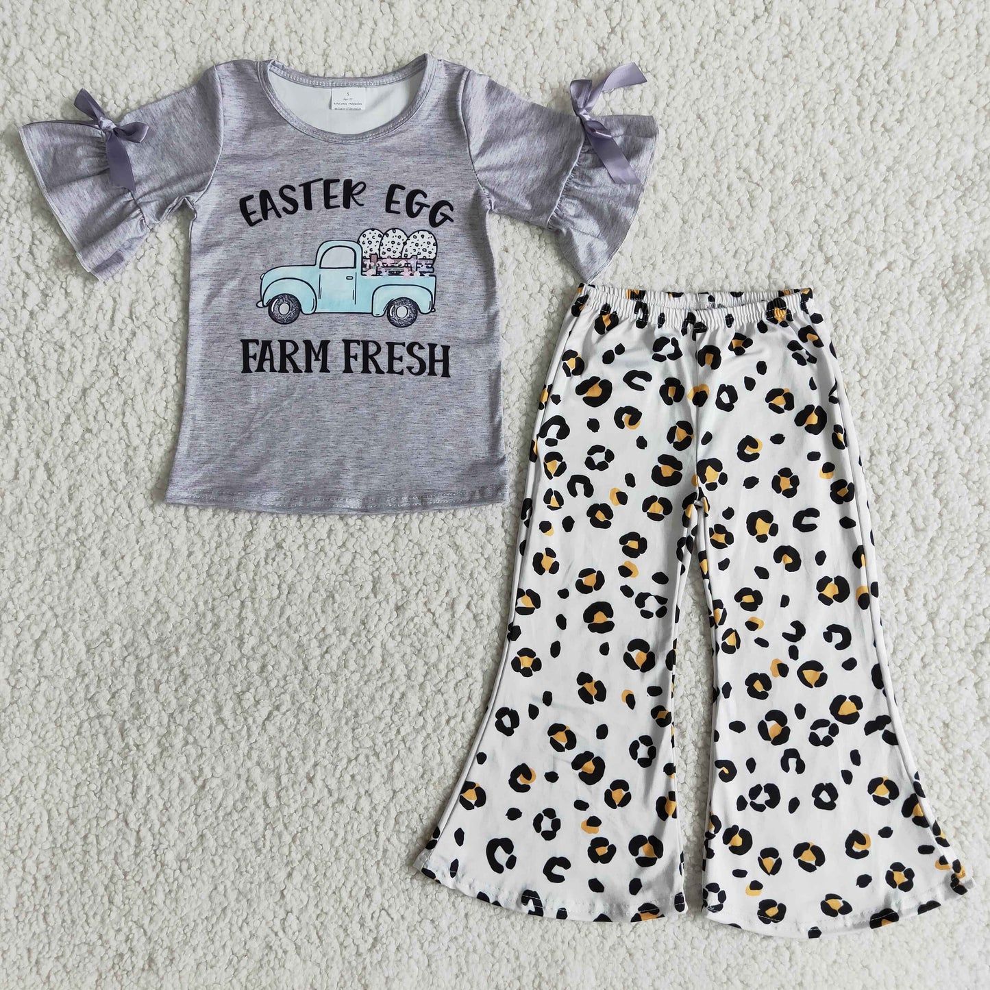 Promotion Gray easter egg farm fresh bow short sleeves leopard clothes girl outfit Jan 0106