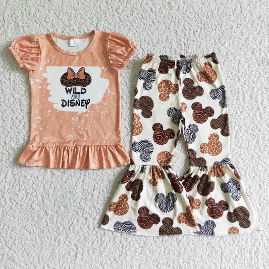 GSPO0080 RTS wild orange short sleeves cartoon mouse bow leopard bell bottom girl outfit 0629