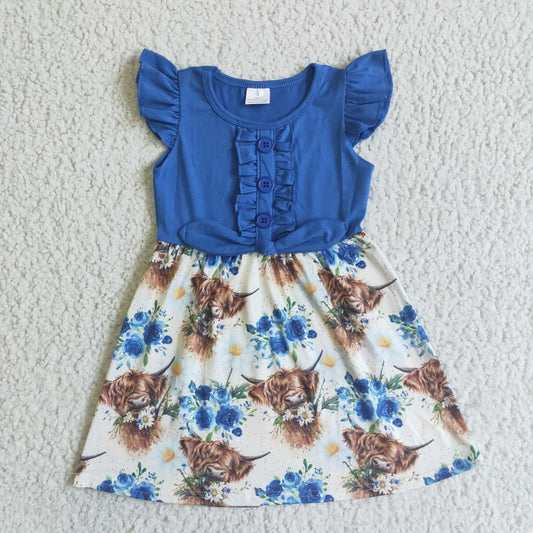 promotion RTS GSD0124 Blue flower cow short sleeve puffy bow girl dress 0708