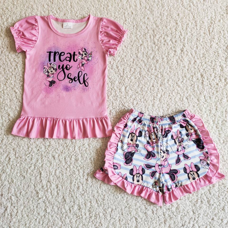 Promotion RTS treat ye self letters cartoon mouse pink ruffles stripe girl short sleeve shorts outfits 0226