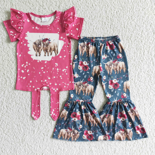 RTS 0619  cow heifer floral flower crisscross bow hot pink dark green short sleeve bell bottom girl outfit