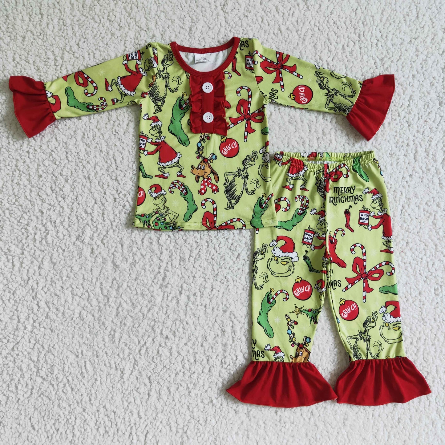 green cartoon christmas long sleeve girl pajamas outfit 0823 RTS