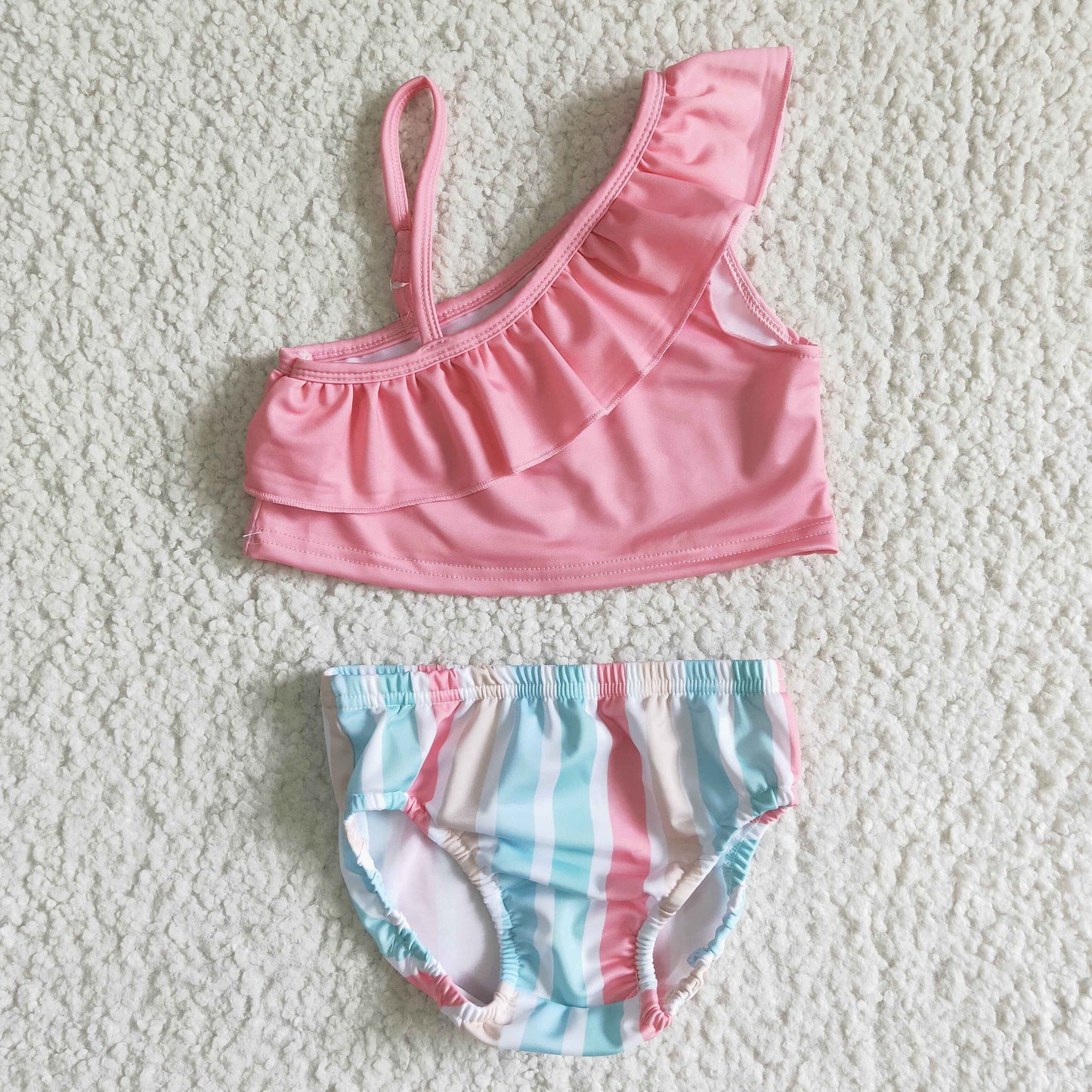 colorful sling shouder candy color pink stripe girls swimwear 0420