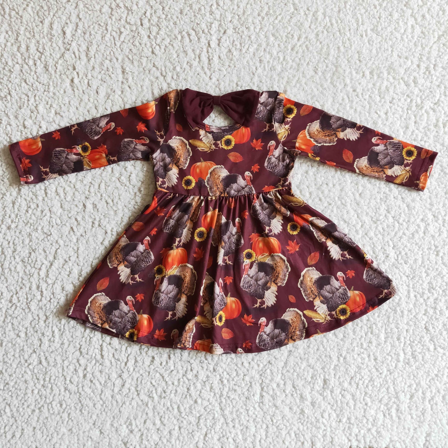 RTS halloween pumpkin brown chicken leaf long sleeve bow fall girl dress 0919