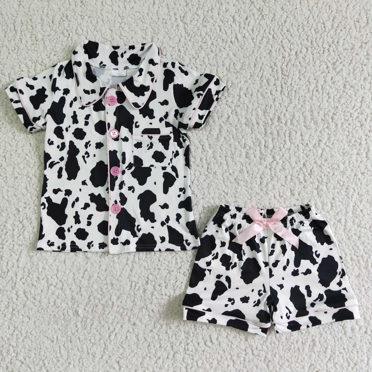 RTS white black farm cow print pajamas pink buttons shorts boy girl outfit 0601