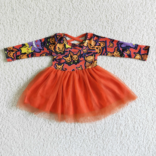 RTS 0627 long sleeve orange pumpkin red tulle girl gauze dress halloween