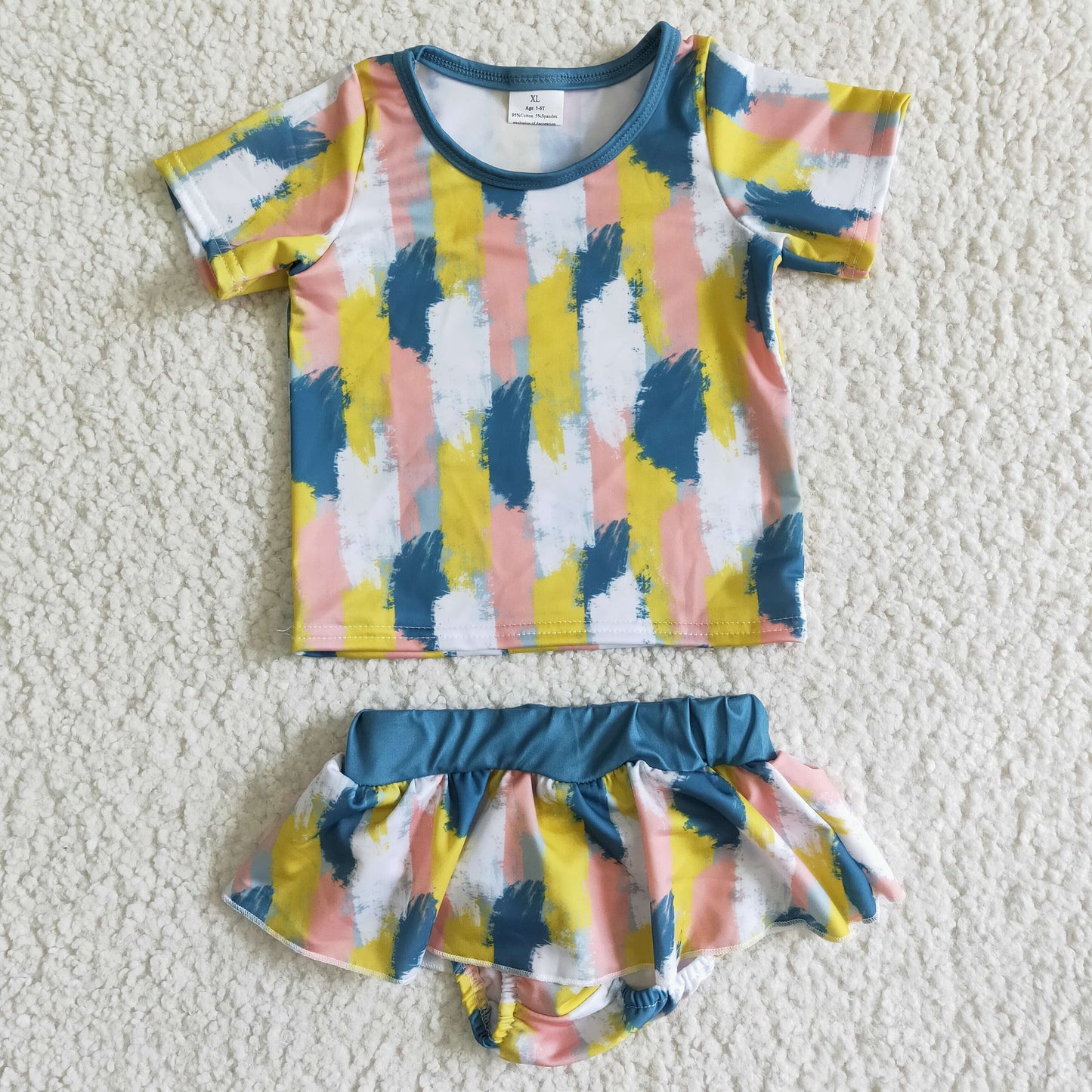 colorful yellow white pink blue ruffles pink yellow white short sleeve swimming suit bathing suit 20230327