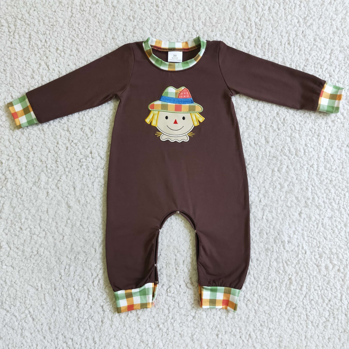 RTS brown long sleeve cartoon yellow hair hat scarecrow boy romper real pics 0808