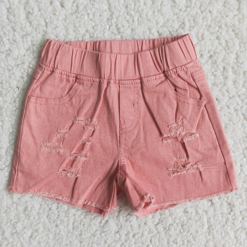 girl pink elastic waist ripped denim shorts