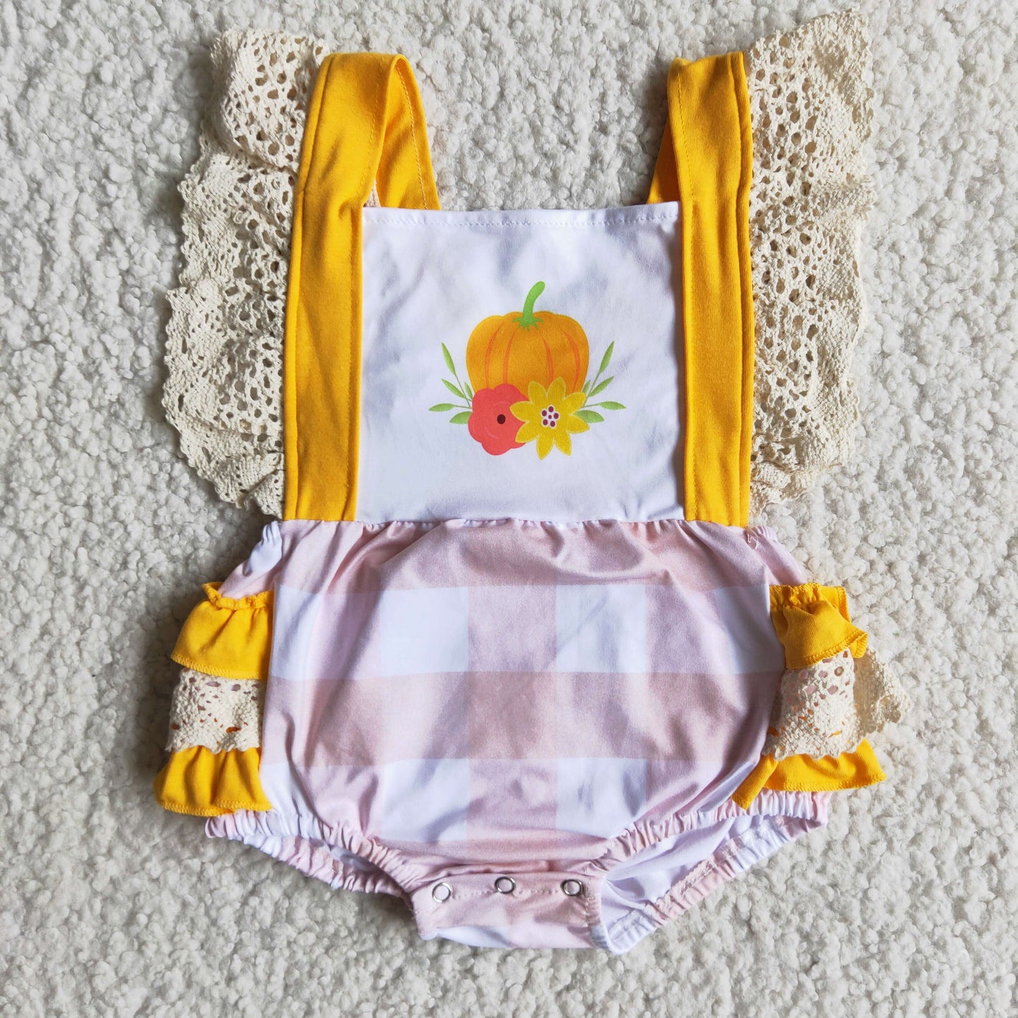 promotion RTS A0-13 girl yellow pumpkin lace short sleeve romper