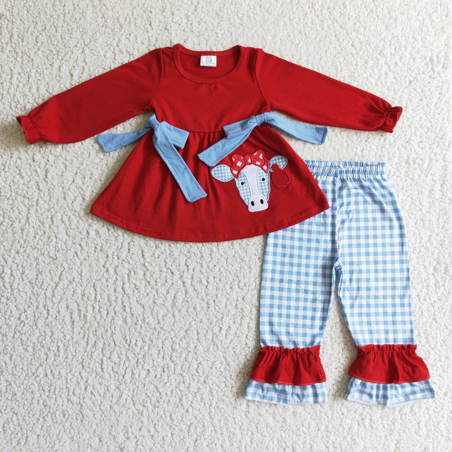 RED cow long sleeve plaid girl outfit 0924 RTS