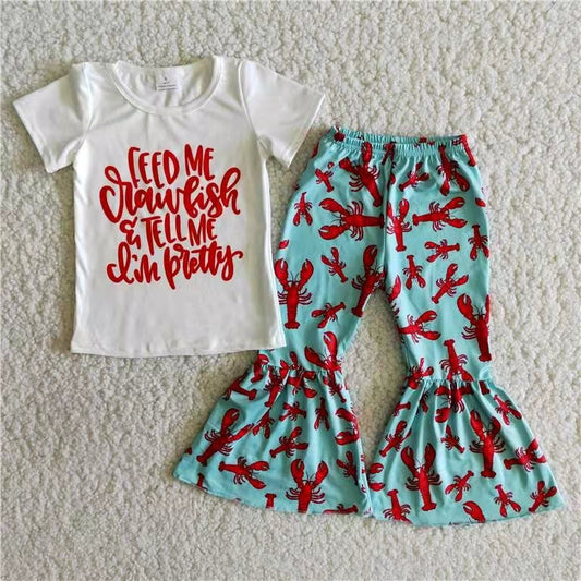 Promotion RTS D1-11 letters Crawfish white short sleeve bell bottom pant outfit