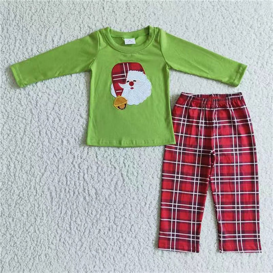 BLP0034 Embroidery green christmas Santa long sleeve red plaid pants girl outfit pajamas 0823 RTS
