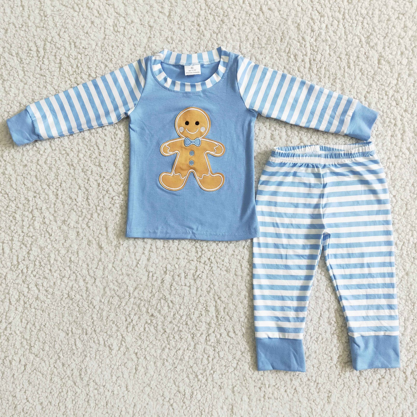 promotion 6 B8-23 Cartoon boy christmas gingerbread embroidery blue white boy stripe pajamas outfit 20230621 RTS
