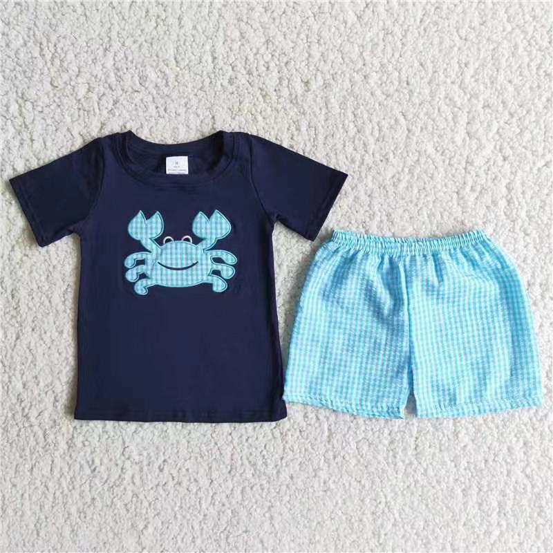 promotion A16-14 Navy crab embroidery blue plaid boy short sleeve shorts outfits 202405