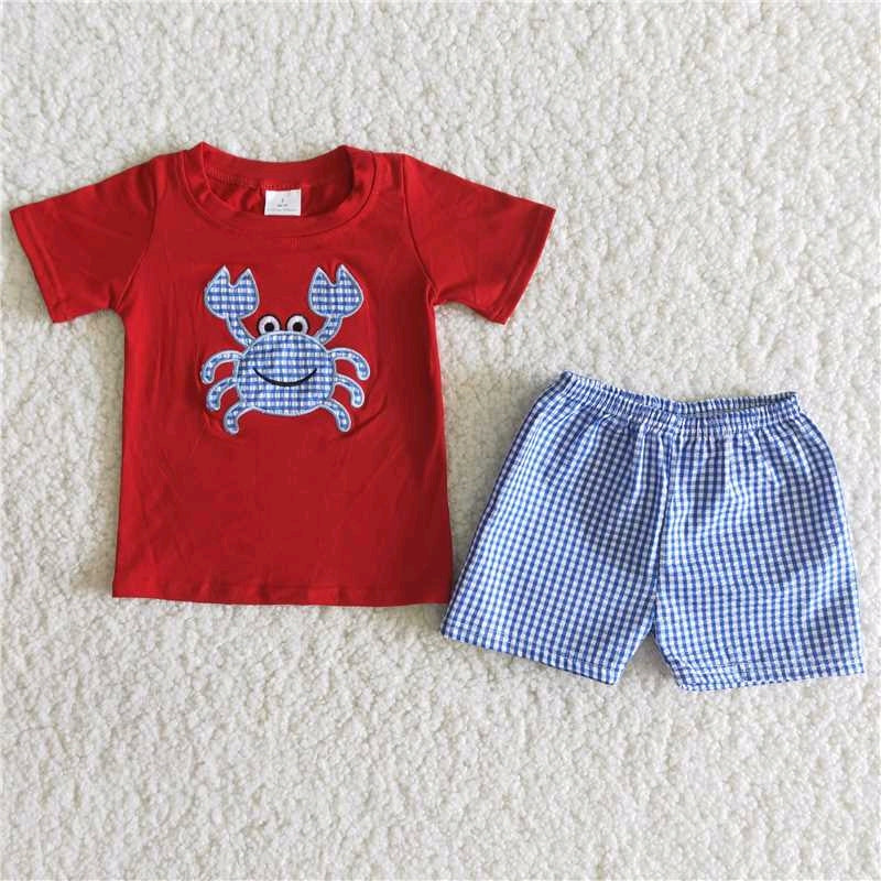 promotion A11-4 Crab embroidery red blue plaid short sleeve shorts outfits 202405