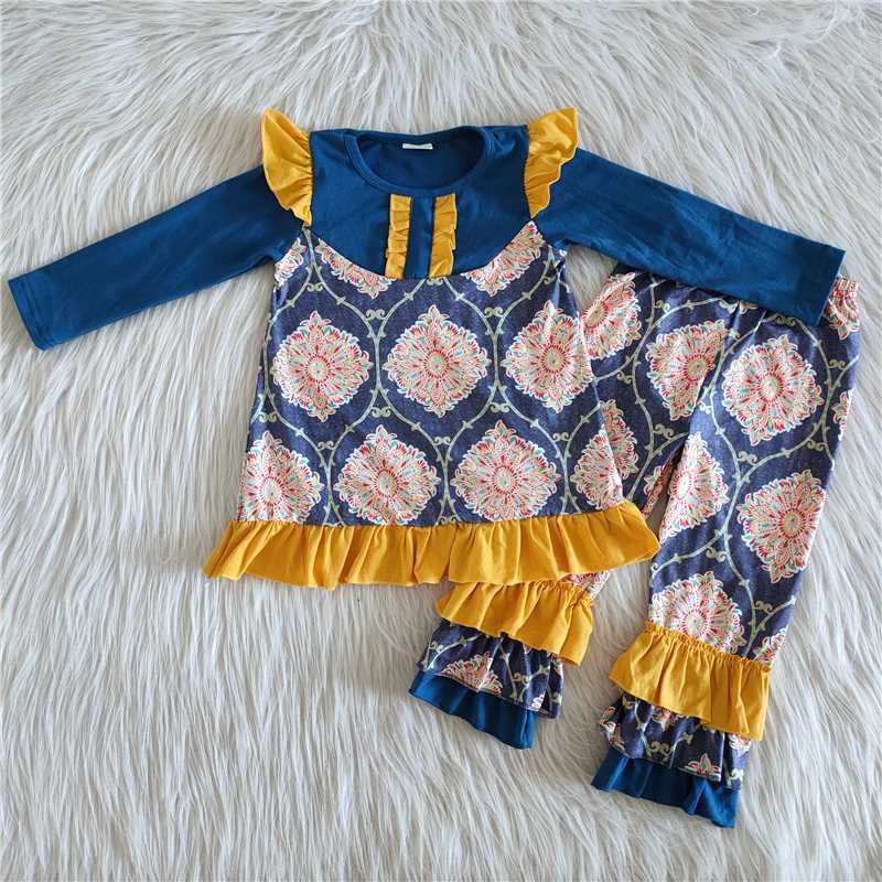 promotion 6 A26-17 Blue yellow lace floral long sleeve pants outfits