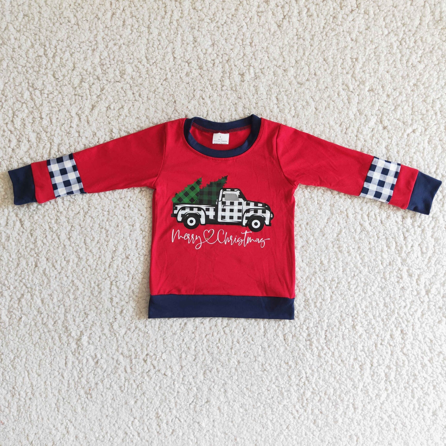 promotion 6A6-12 Merry christmas tree cartoon boy plaid red long sleeve top RTS 1124