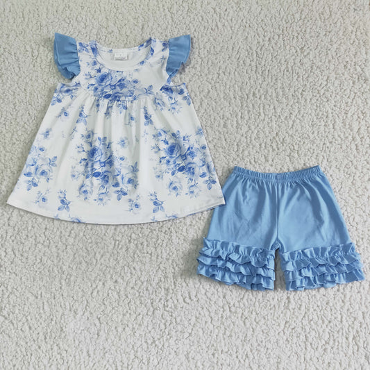 promotion RTS A14-9 Blue floral puffy blue ruffles girl short sleeve shorts outfits 0523