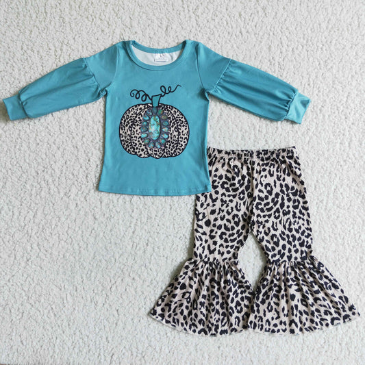Promotion 202410 RTS Leopard pumpkin long sleeve bell bottom halloween girl outfit blue gempumpkin