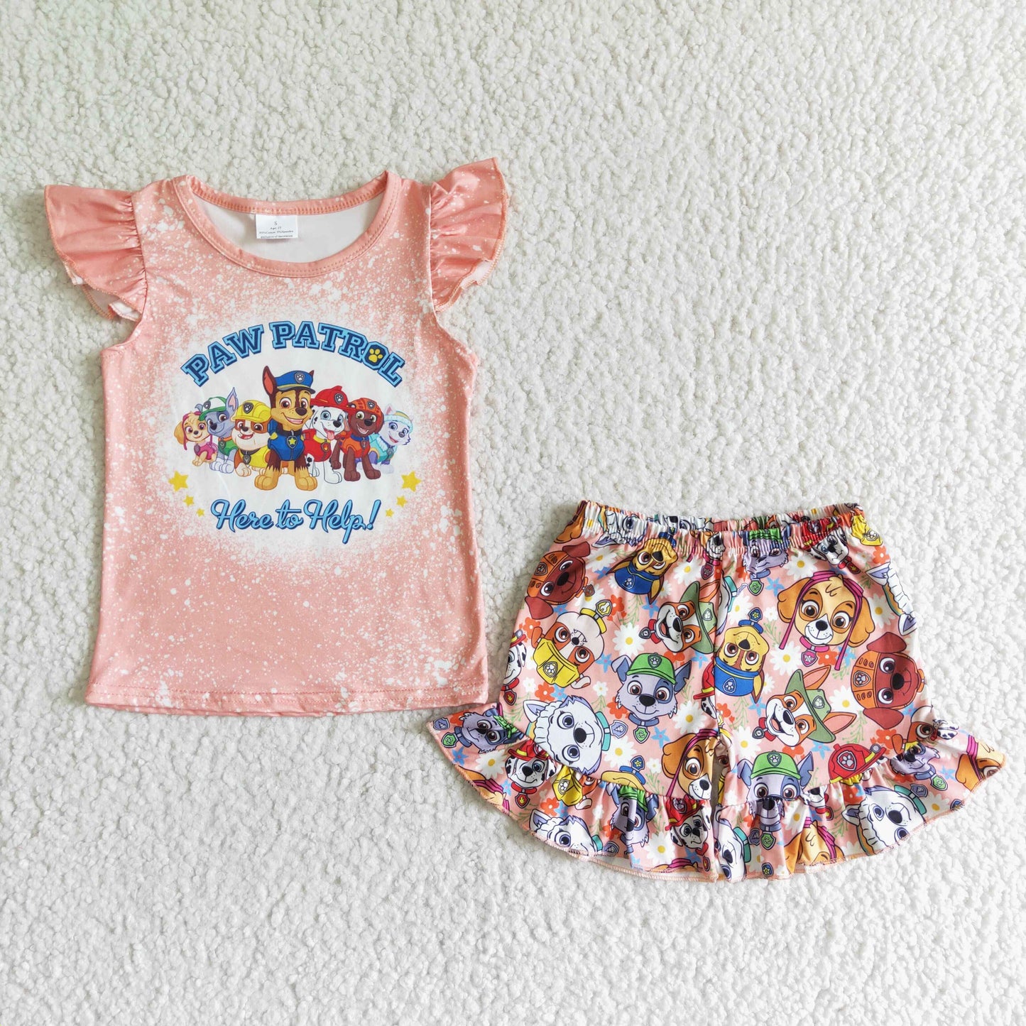 here to help pink cartoon dogs puffy sleeve ruffle girl shorts summeroutfits 0504