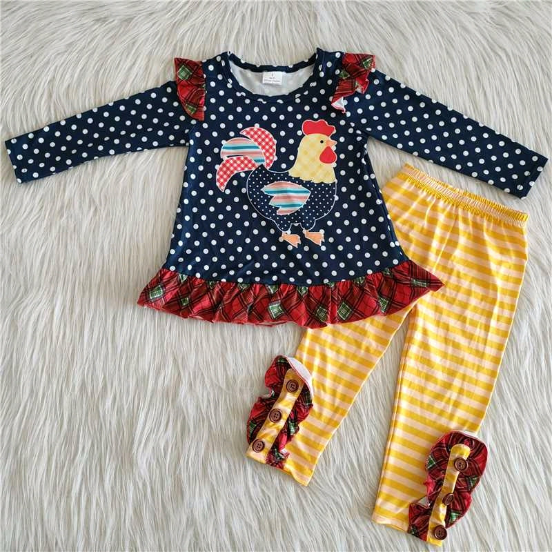 Promotion chicken items white dots dark blueprint stripes buttons pants long sleeves long pants outfits 6 A28-16