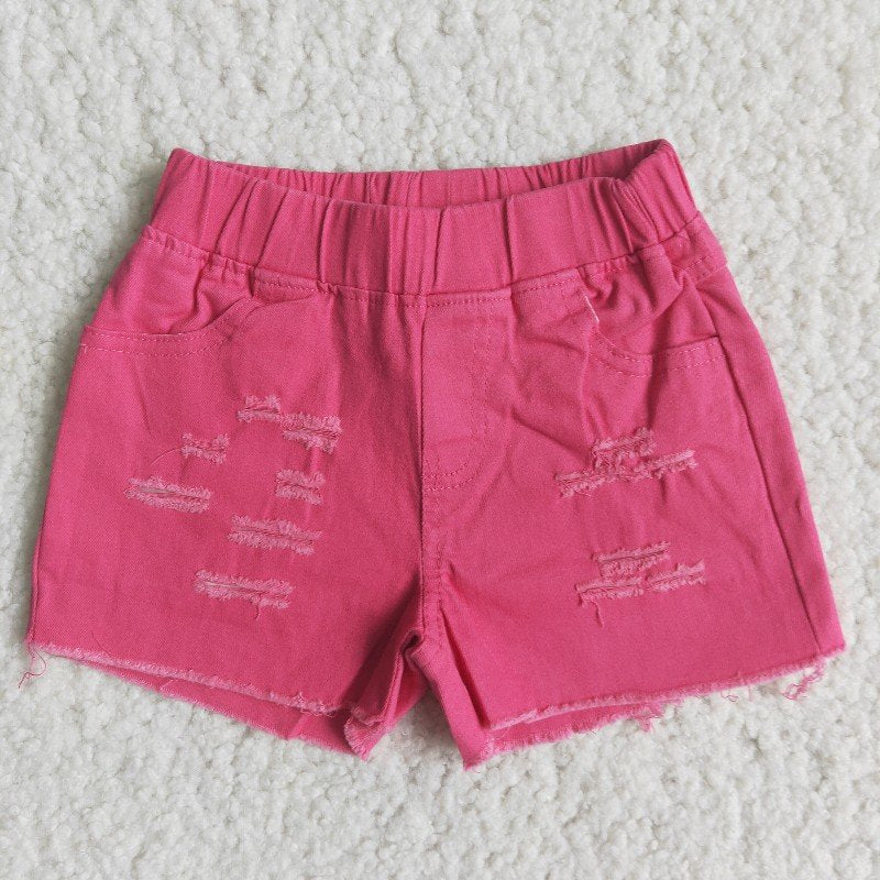 girl hotpink elastic waist ripped denim shorts