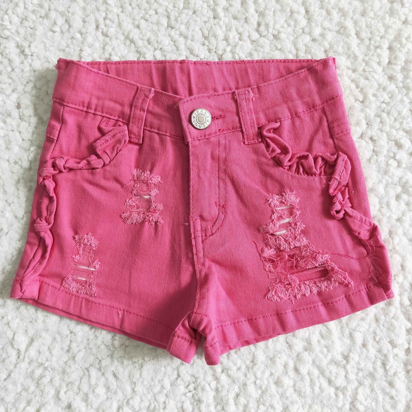 SS0013 RTS ruffle pockets girl button hot pink ripped denim shorts 20230503 RTS