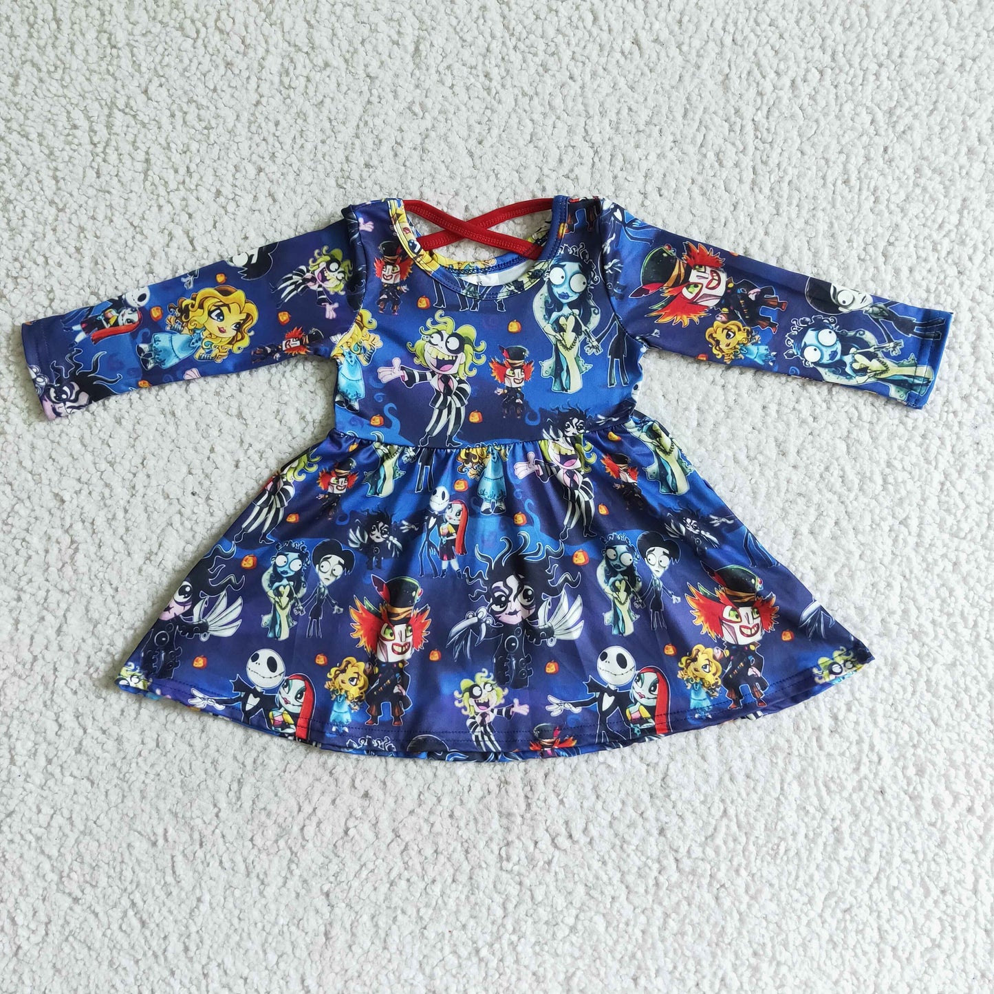 RTS 0726 halloween skull blue crisscross long sleeve girl dress