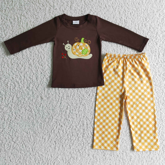 promotion 202409 BLP0017 brown long sleeve snail pumpkin embroidered yellow orange plaid pants boy outfit clothes 0808