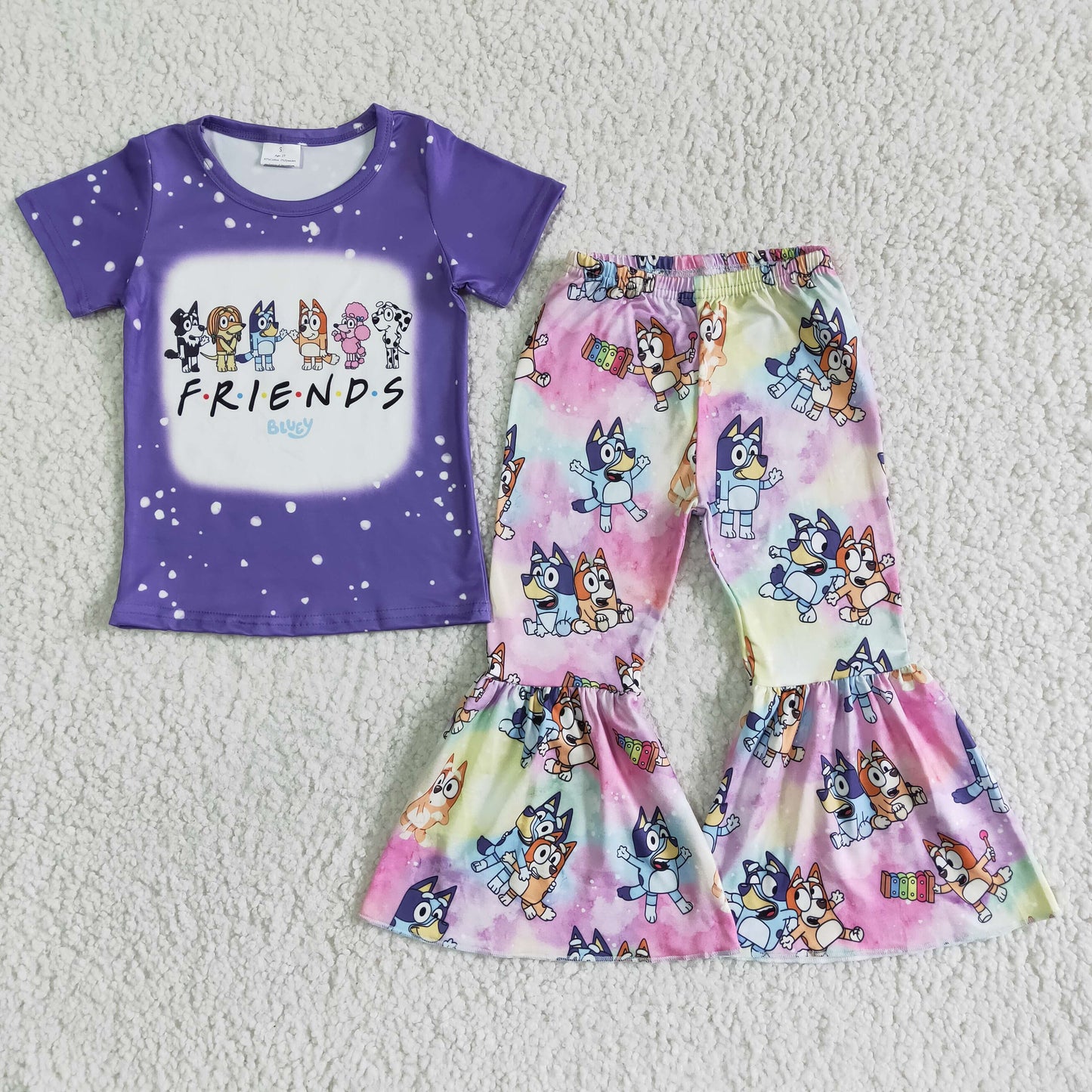 FRIENDS cartoon blue dog tie dye pink yellow short sleeve bell bottom pant girl outfit