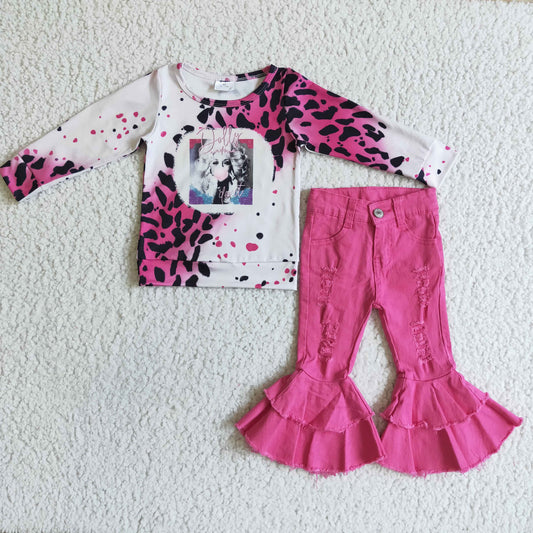 RTS 0708 beautiful lady hot pink leopard long sleeve sweater denim jeans girl outfit