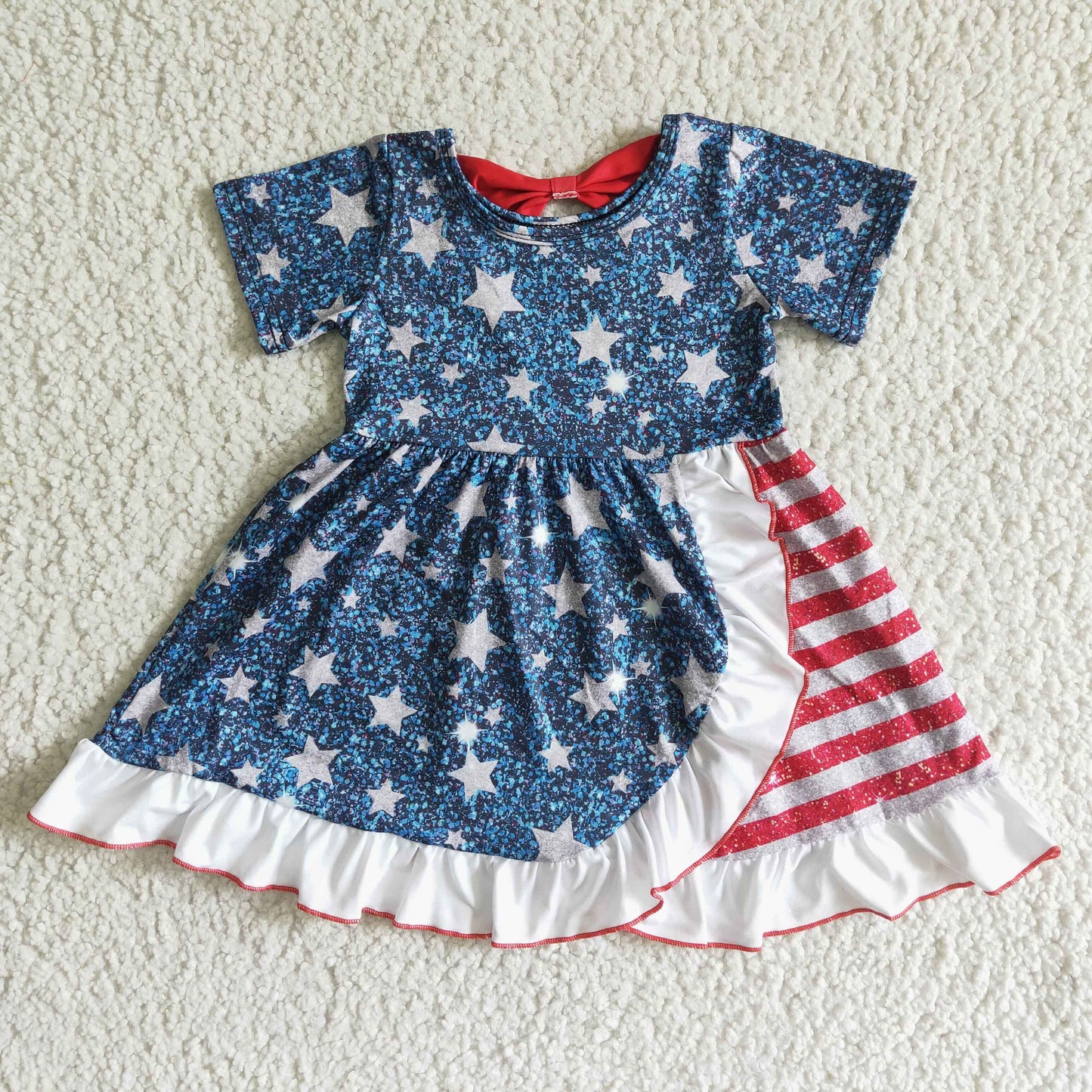 PROMOTION stars 4th of july red blue white short sleeve girl dress 0412